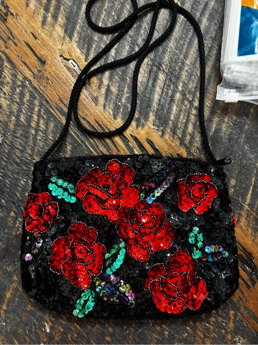 Vintage Black Sequin Floral Evening Bag